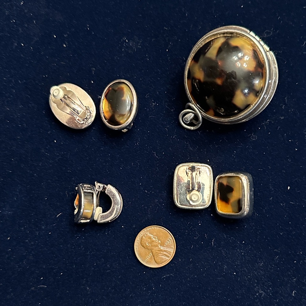 Ralph Lauren Silver and Tortoiseshell Jewelry Set with 3 Clip Earrings & Locket